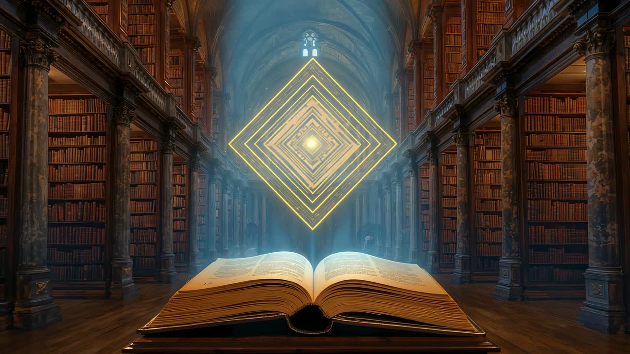 Materializing golden diamonds ascending above book after opening in library, with glowing orb