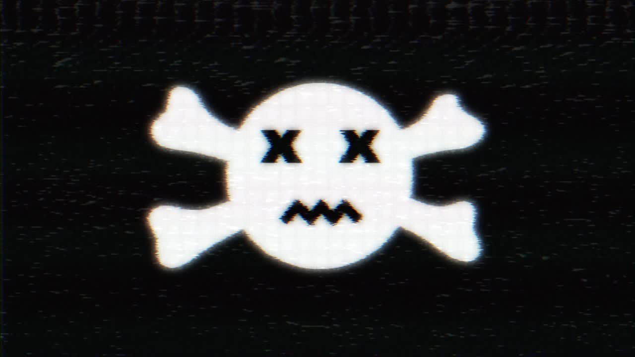 esqueleto sonrisa hud símbolo holográfico en digital vieja pantalla de televisión bucle glitch animación de interferencia.