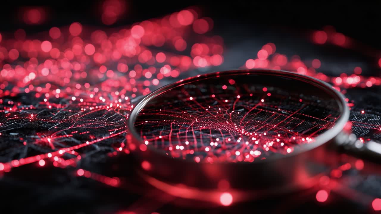 A Close-Up Exploration of Intricate Patterns Highlighted by a Magnifying Glass, Showcasing Shimmering Red Details Against a Dark Background