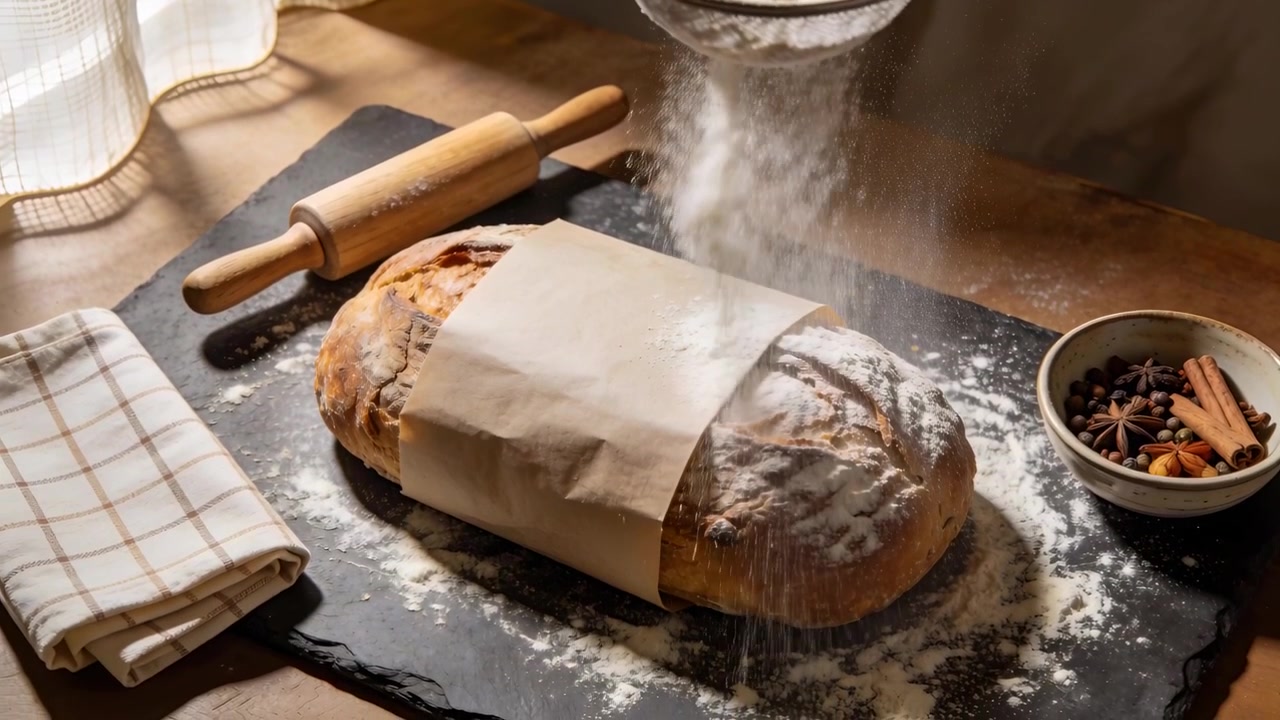 Pouring flour from sifter entering right onto rustic loaf on table dusting parchment for styling