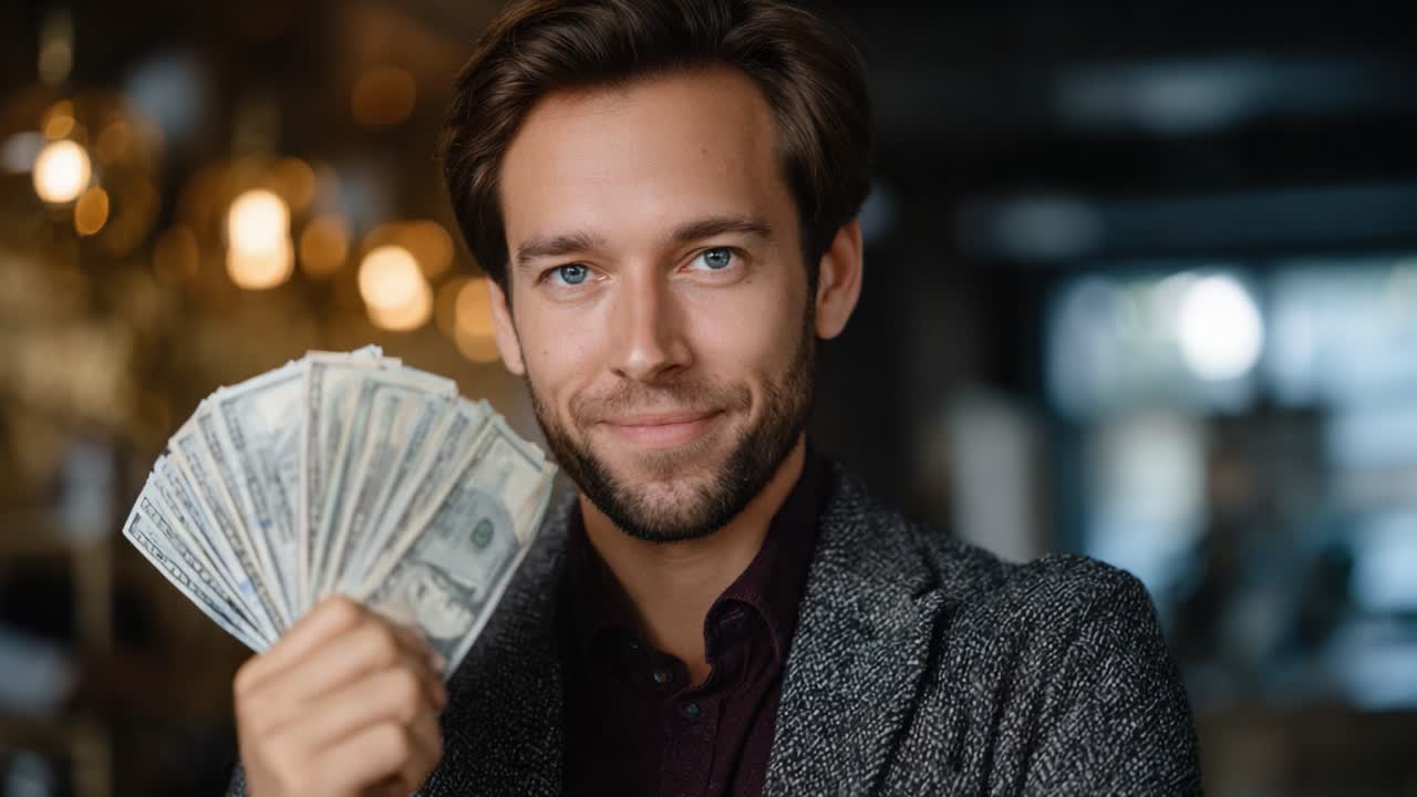 Uomo sicuro di sé che mostra con orgoglio un ventaglio di contanti, incarnando il successo e la realizzazione finanziaria in un'atmosfera accogliente e invitante con effetti di illuminazione soffusa
