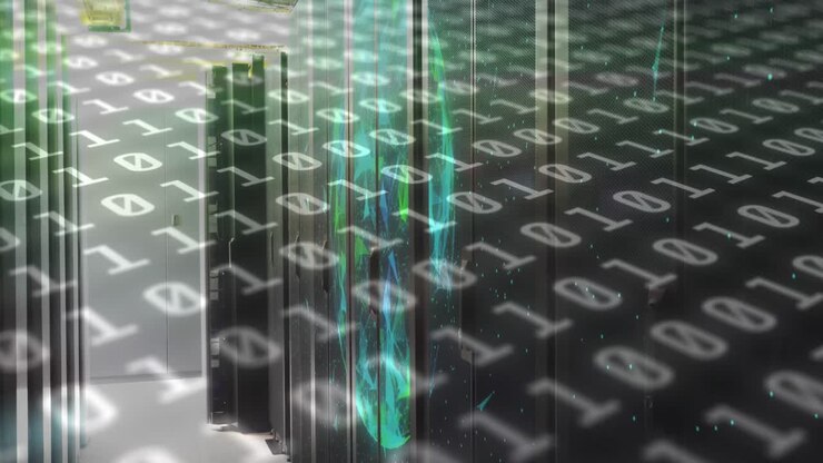 Animation of binary code and shapes over servers