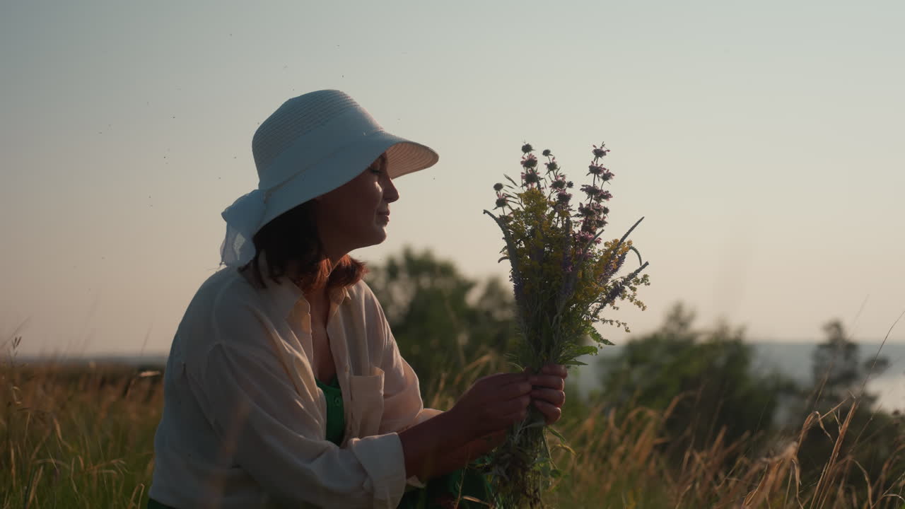 lady squatting on sunlit hillside gathering wildflowers with soft smile, wearing wide white hat and flowing shirt, golden grasses surround her as distant river shimmers in hazy warm background