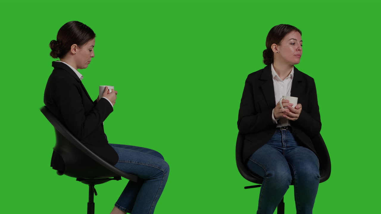 Businesswoman having coffee break in front of a green screen