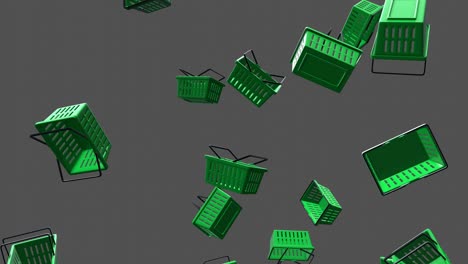 green plastic shopping baskets on gray background.