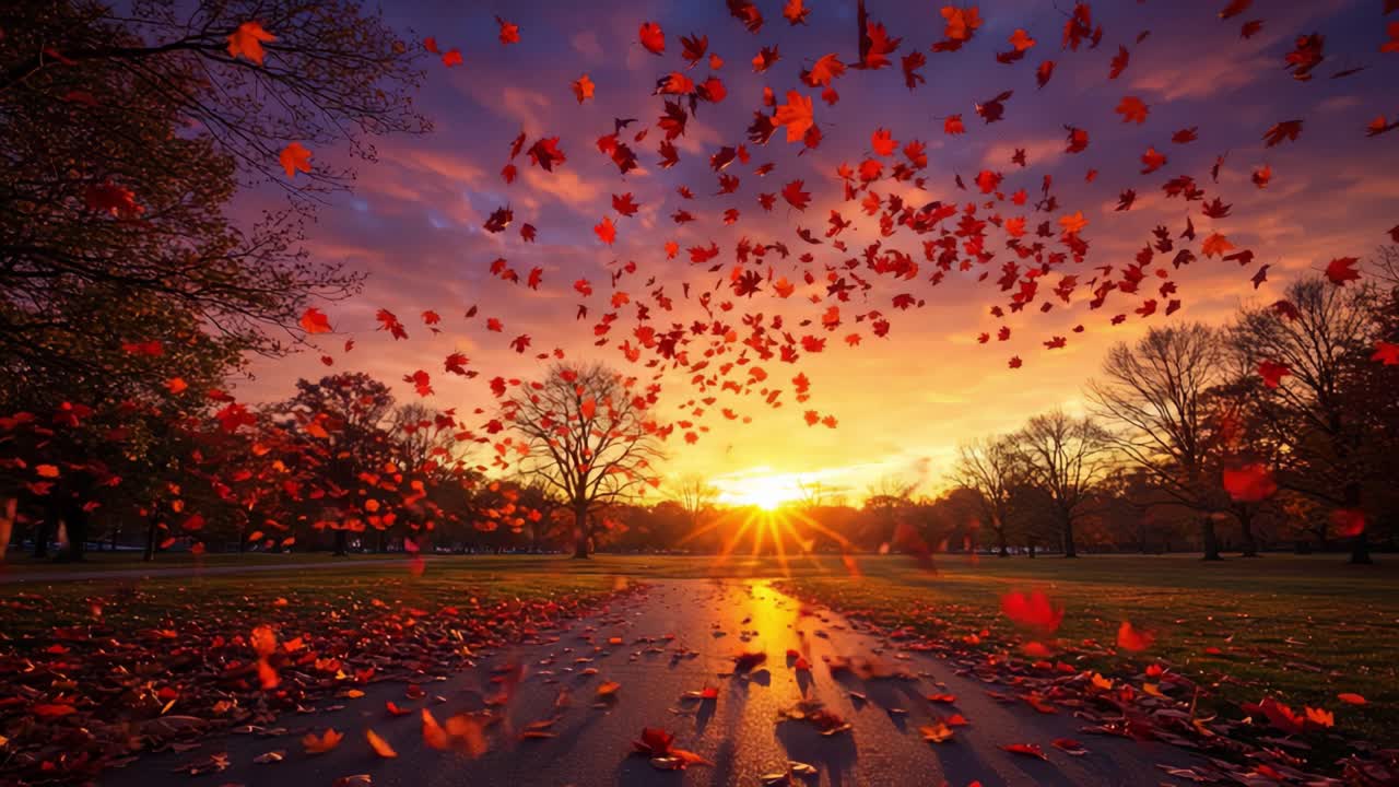 A Stunning Autumn Sunset with Vibrant Red Leaves Dancing in the Air, Casting Warm Hues over a Serene Pathway Amidst Nature's Embrace