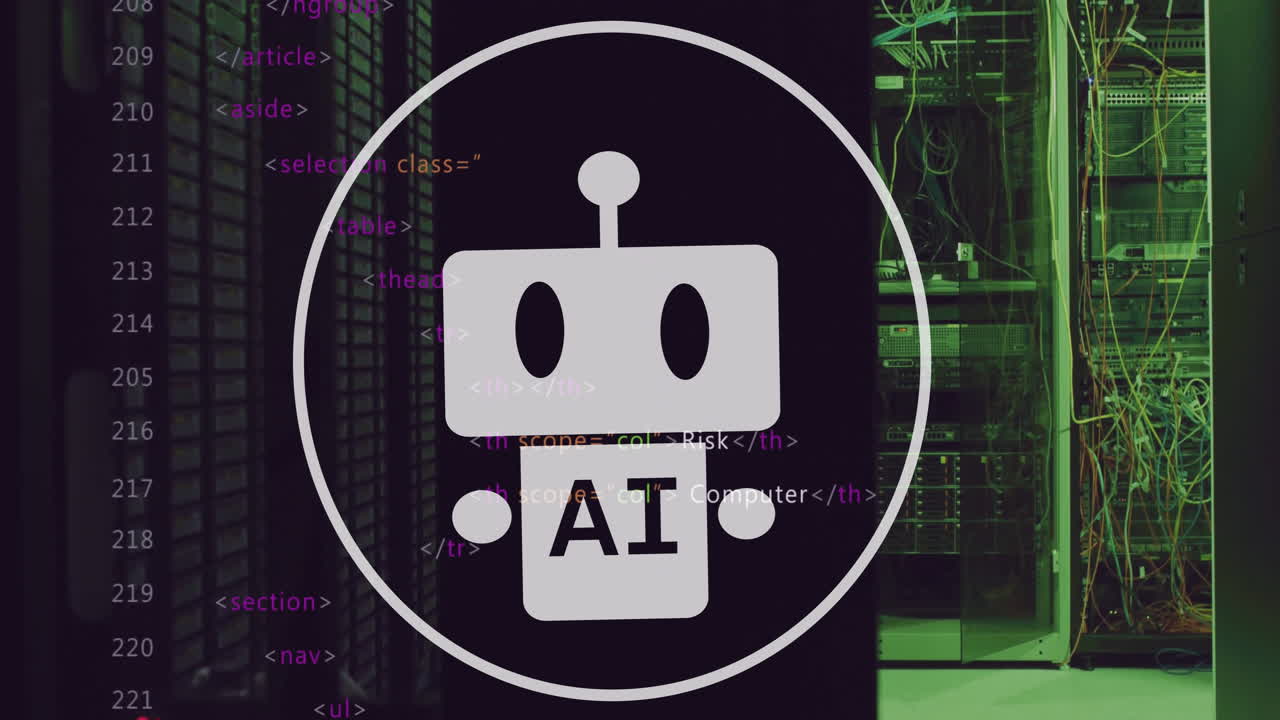 animación de robots y texto de ia en círculos y lenguaje informático, sistemas de servidores de datos en la sala de servidores