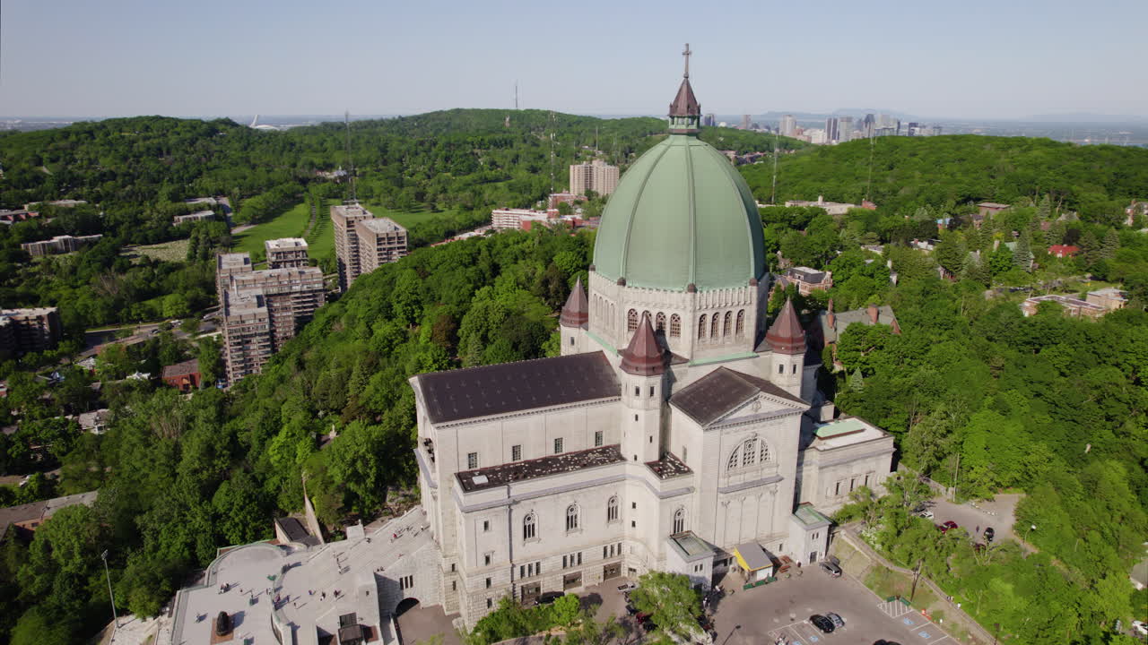 Drone shot orbiting the Saint Joseph's Oratory of Mount Royal, summer evening in Montreal
