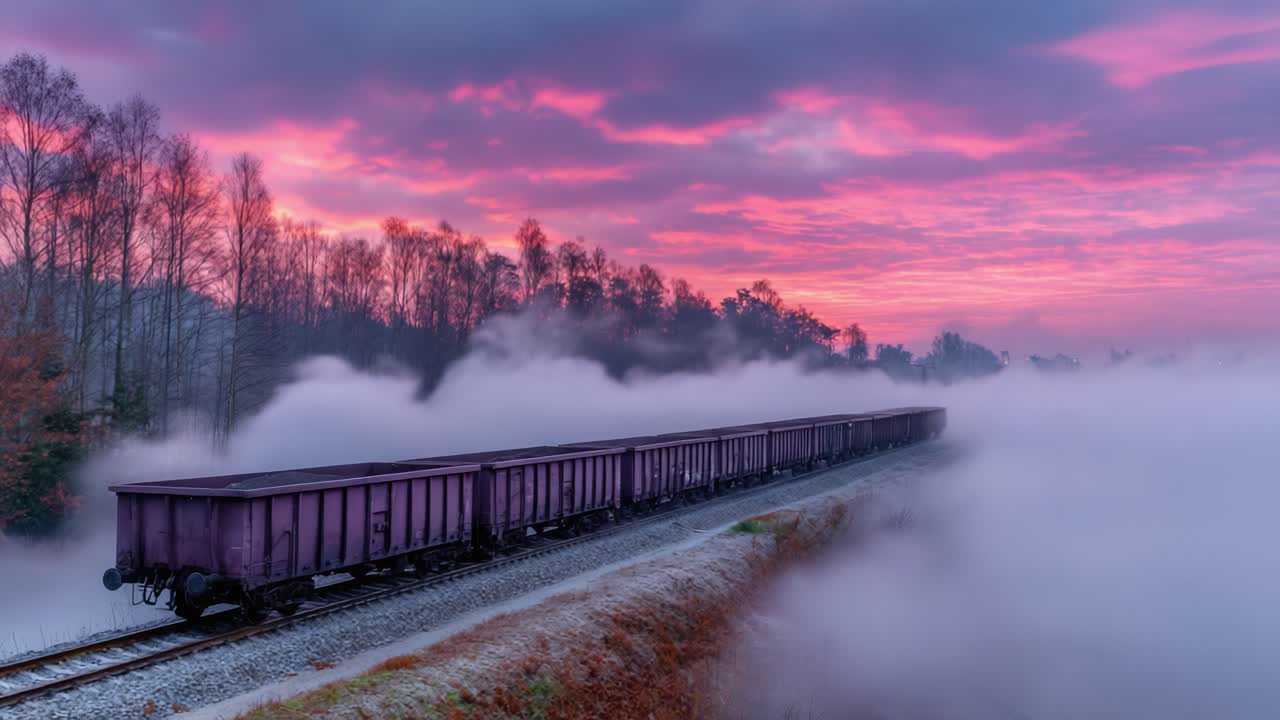 A Serene Dawn Over Train Tracks Enveloped in Fog, Highlighting a Beautiful Sky Painted in Shades of Pink and Purple, Creating a Tranquil Atmosphere in Nature