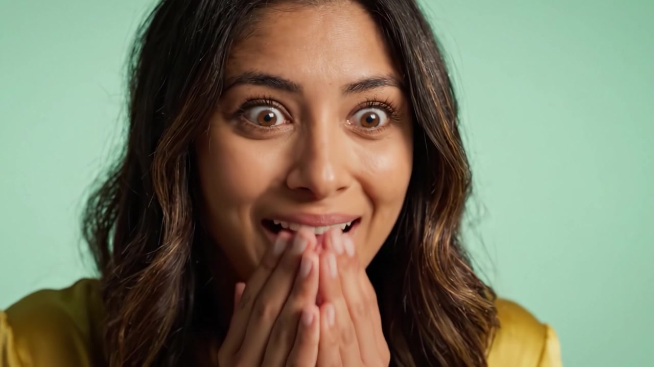 Un viaje de emociones: Una mujer sorprendida que pasa a una sonrisa alegre, capturada en impresionantes fotogramas que reflejan sentimientos y reacciones genuinas.