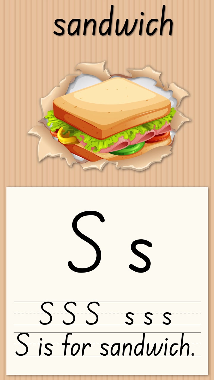 Animated educational video demonstrates writing the letter S using a sandwich illustration on lined paper