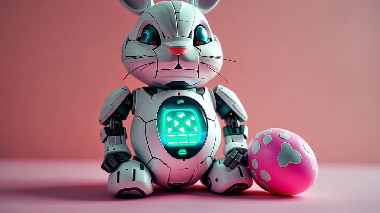 Coniglio pasquale robotico con uovo rosa su sfondo rosa