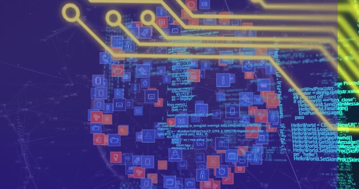 Animazione di connessioni di microprocessori su un globo di icone digitali ed elaborazione dati.
