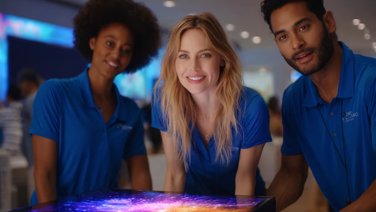 A group of three individuals engage in a collaborative demonstration, showcasing an interactive display to captivated observers nearby, highlighting the essence of teamwork in a dynamic retail environment