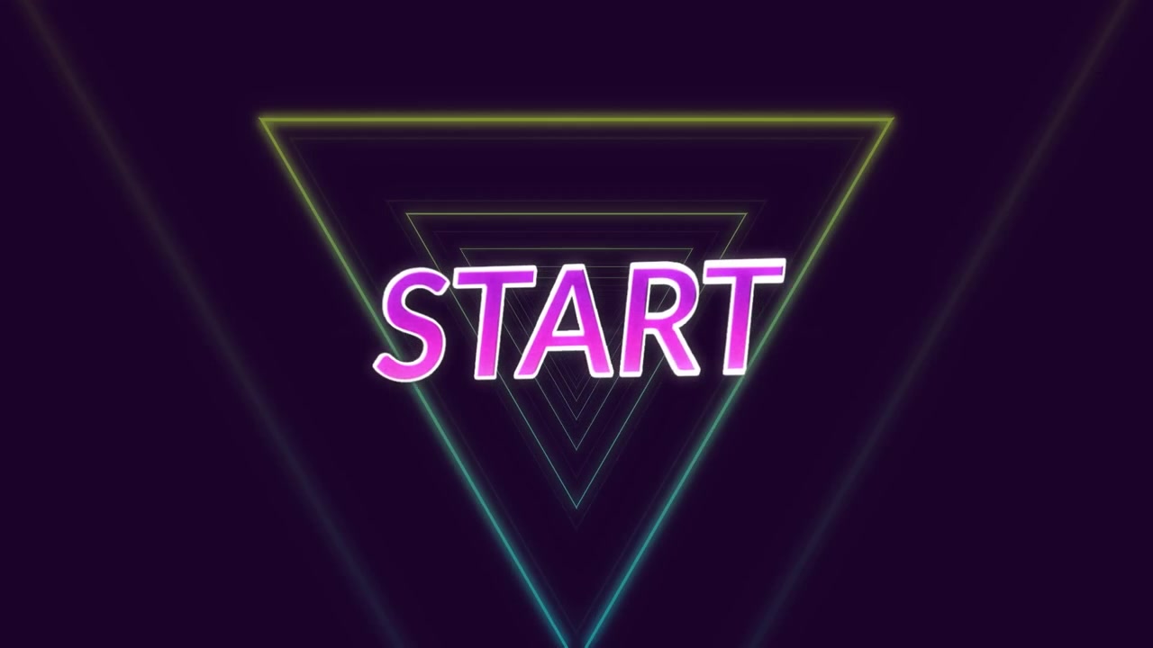 Animation of start text over moving green geometrical shapes on dark background