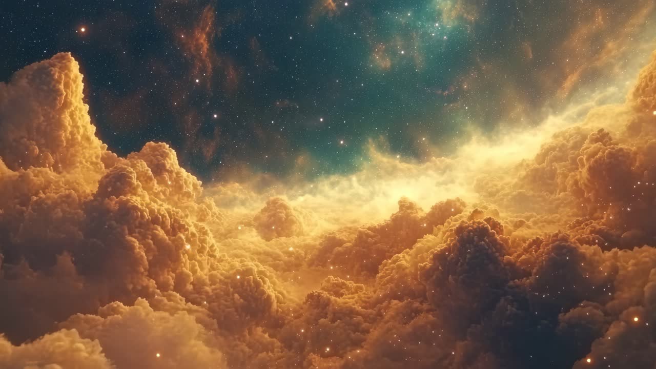 A mesmerizing cosmic scene with vibrant clouds and stars, captured from a low angle