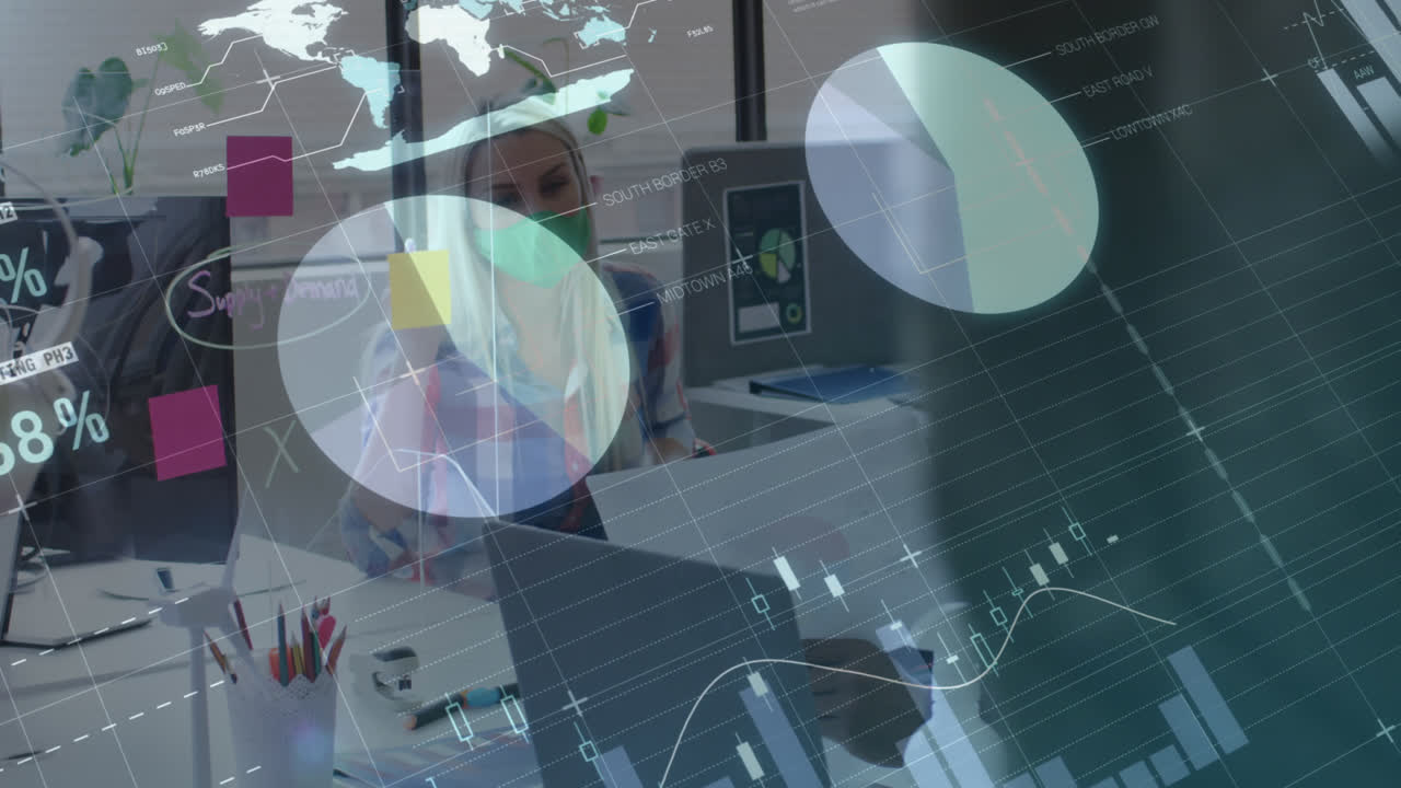 animación del procesamiento de datos sobre diversas personas de negocios que llevan máscaras faciales y tienen documentos