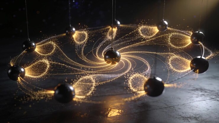 Black spheres starting emitting golden particles, forming spirals above shiny floor in studio