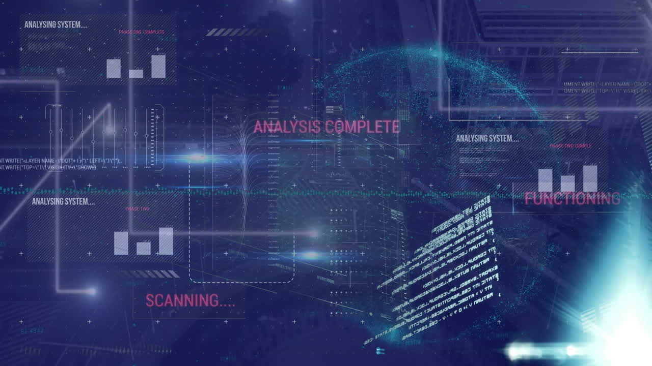 Animation of data processing over cityscape