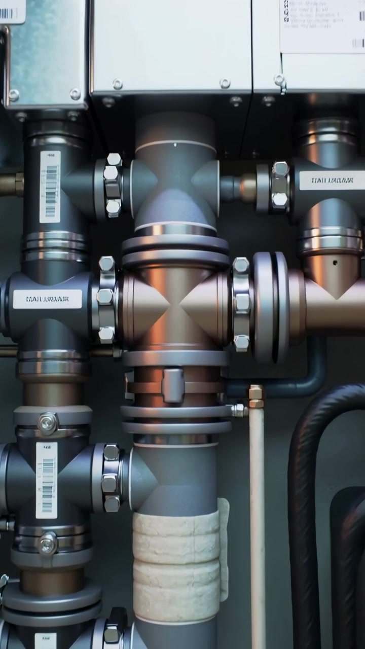 Vertical video: Zooming camera centering cross valve inside cabinet, revealing insulated wrap