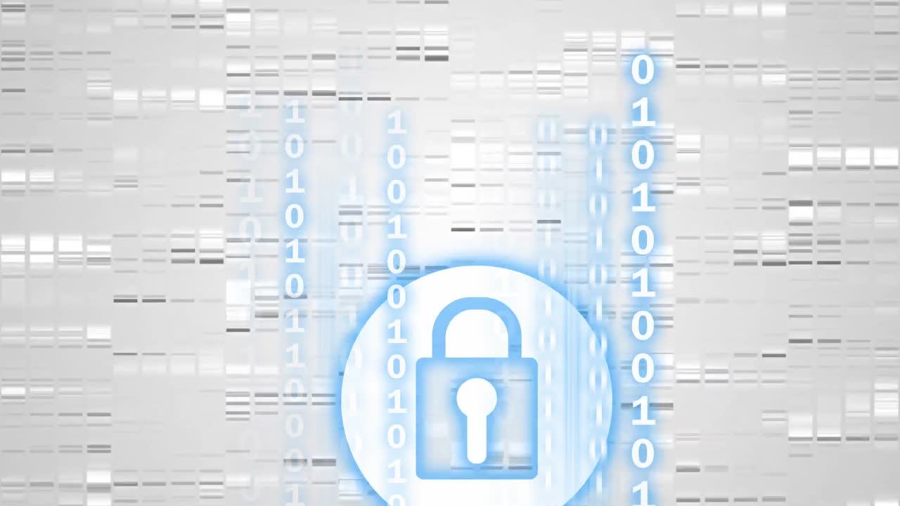 animación de código binario, red de conexiones y candado de seguridad en línea sobre fondo gris