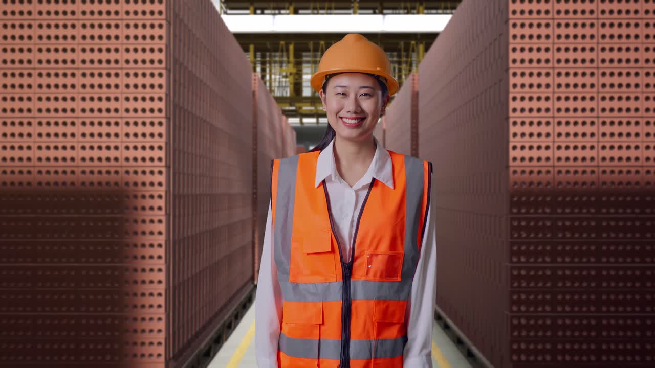 Asian Female Engineer With Safety Helmet Smiling To Camera While Standing With Red Brick Packed in Stacks Are Stored
