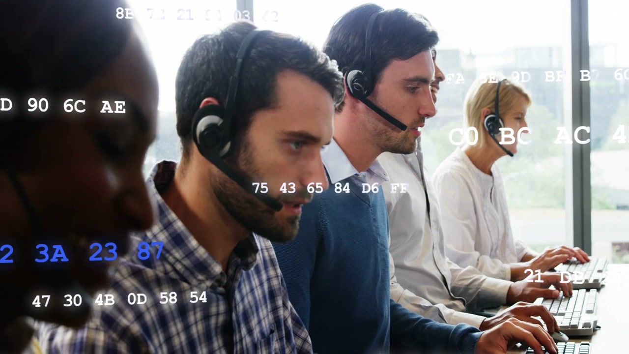 Vertical video: Agents on headsets handling calls, camera panning, data codes floating on monitors