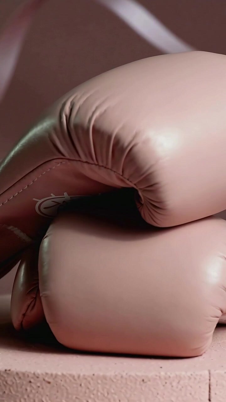 Video verticale: La telecamera si sposta su guantoni da boxe rosa tenue che scivolano in studio, rivelando le cuciture in pelle.
