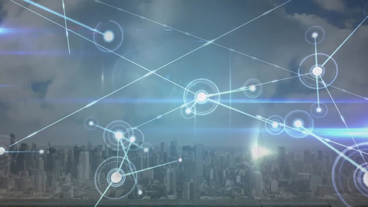 Animation of network of connections and blue light trails against aerial view of cityscape