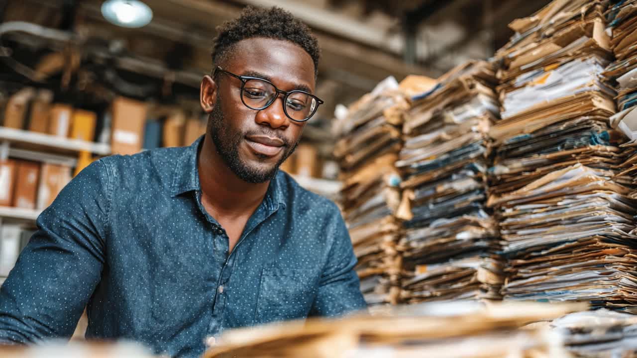 Individu concentré analysant des piles de documents dans un environnement de bureau animé, engagé dans l'organisation et le traitement de l'information pour améliorer l'efficacité du flux de travail