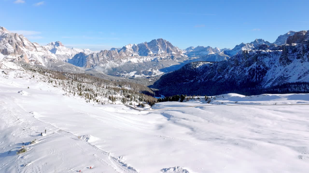Aerial drone view of the Giau Pass high mountain pass in the Dolomites, Italy