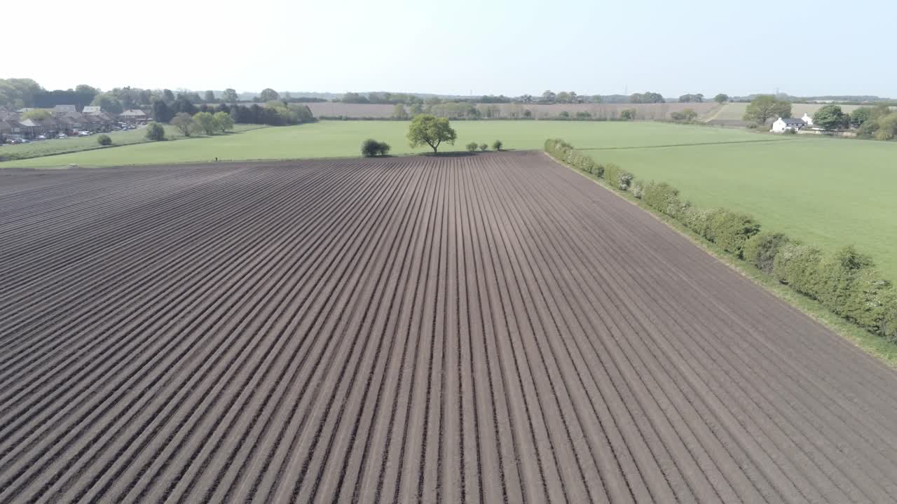Aerial drone view rows of fertile British agricultural rich soil furrow countryside pull back