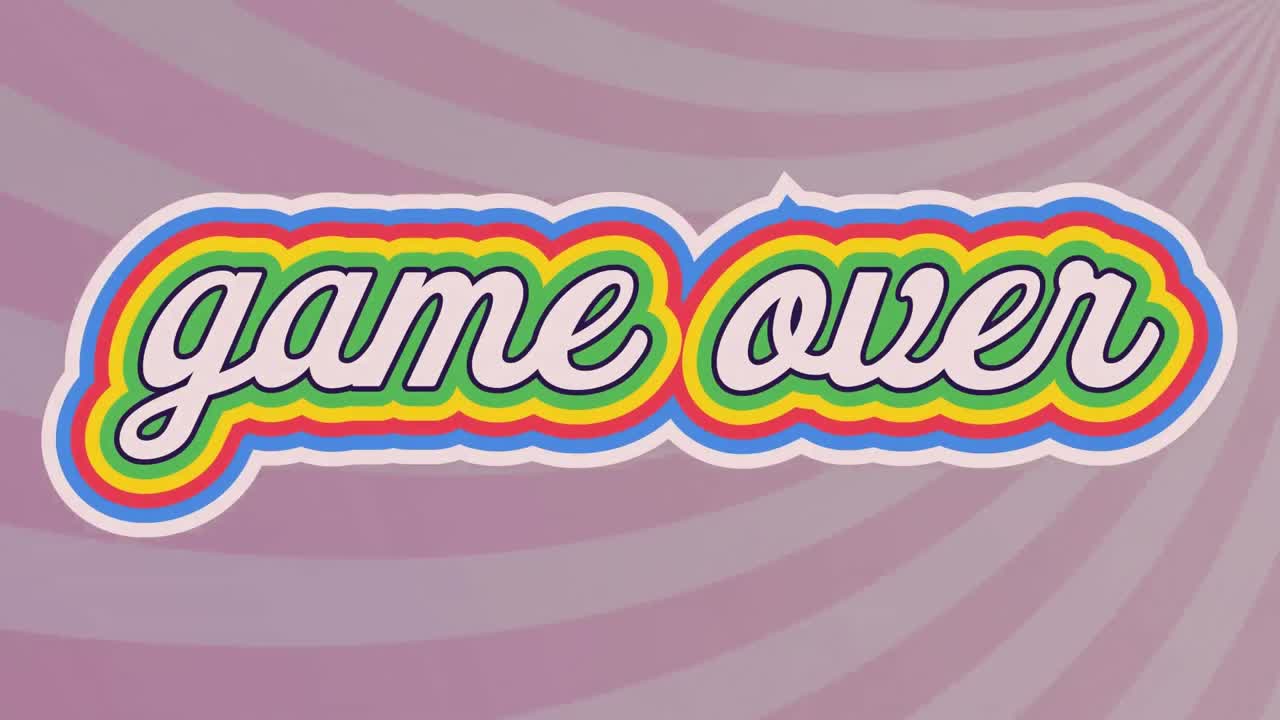 animación digital del juego sobre texto con efecto de sombra de arco iris contra un fondo radial púrpura