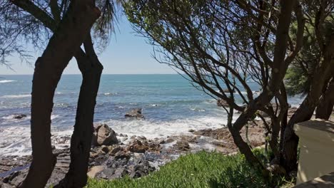 waves crash on rocky shores framed by trees at porto’s praia do molhe on a bright sunny day