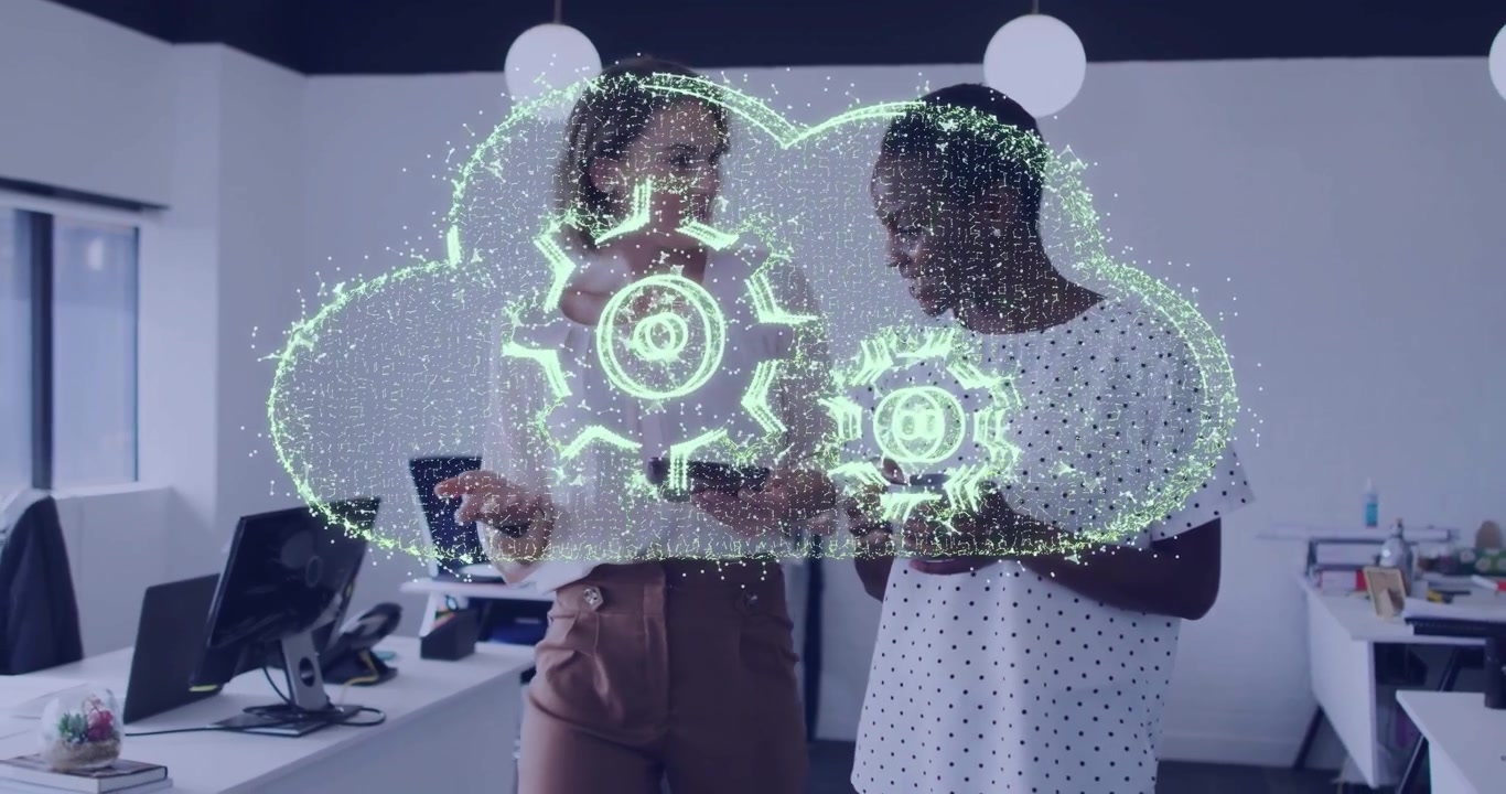 Colleagues walking tapping phone forming holographic gear cloud analyzing business info collapsing