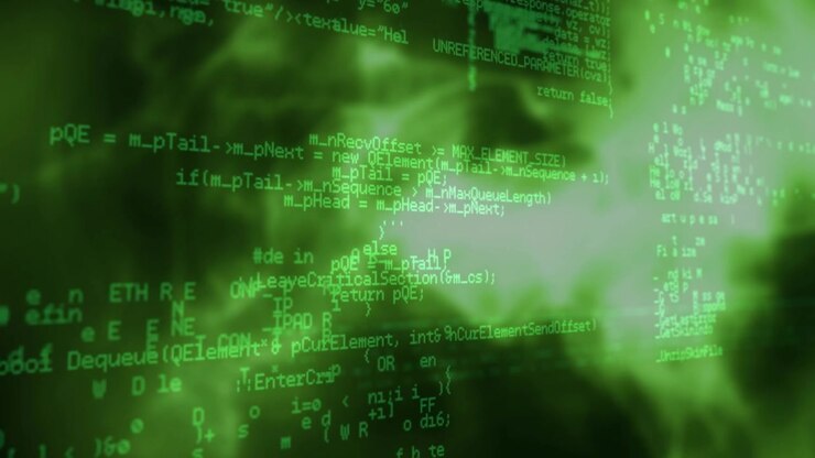Abstract Digital Code Streaming Over Green Fog Background