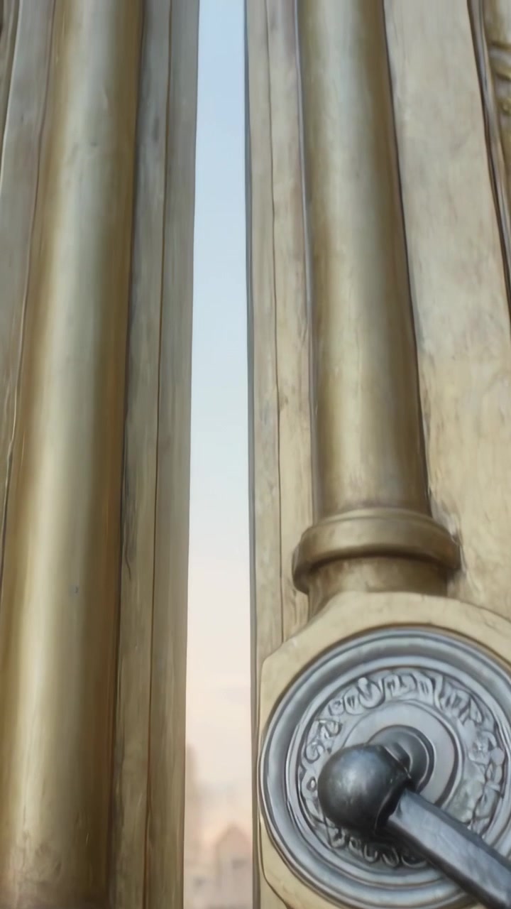 Video verticale: Porte che si aprono spinte all'ingresso, scorrendo e rivelando un rosone e il cielo.
