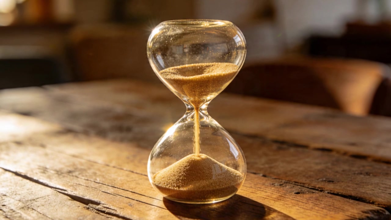 Trickling hourglass moving tan sand through neck on wooden table, gravity pulling, sunlight casting