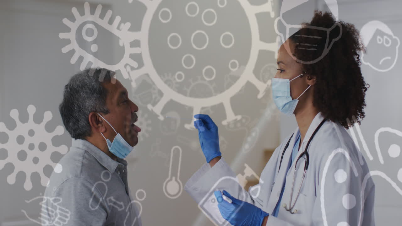 animación de iconos de covid 19 sobre una doctora biracial que toma un hisopo de un paciente masculino