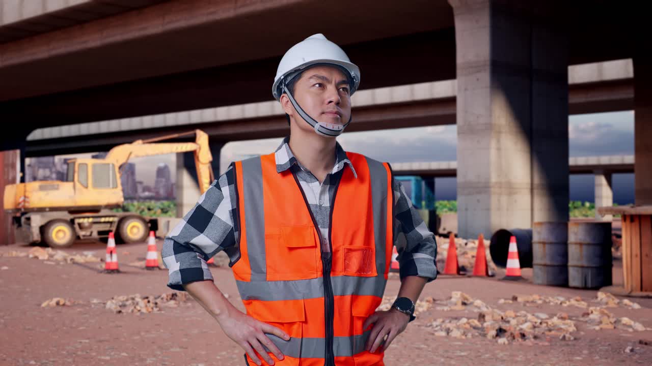 Ingeniero asiático con casco de seguridad mirando a su alrededor mientras está de pie con los brazos en jarras en el sitio de construcción de la autopista