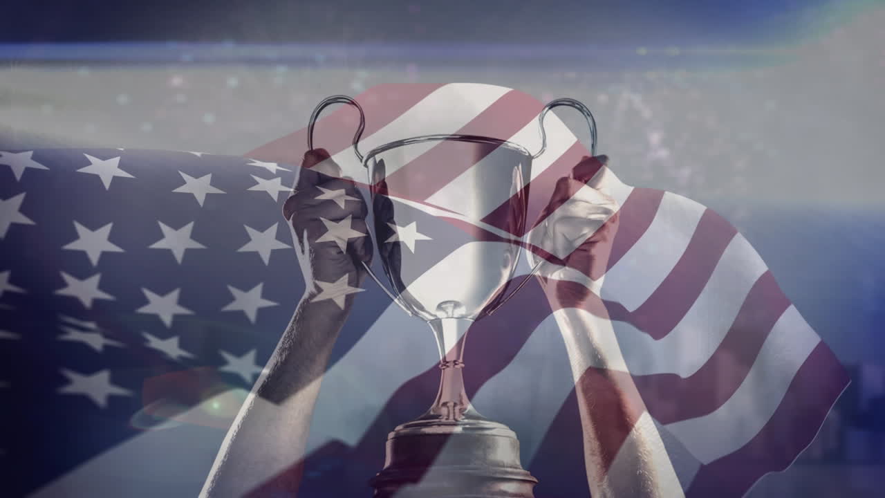 bandera estadounidense y trofeo
