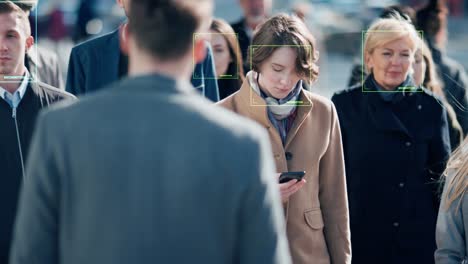 crowd of business people tracked with technology walking on busy urban city streets. cctv ai facial recognition big data analysis interface scanning, showing animated information.