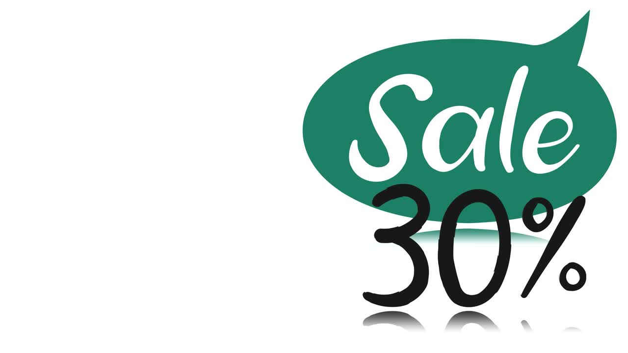 Animazione. Banner pubblicitario, poster. Fumetto con la scritta SALDI, sconto del 30 percento, su sfondo bianco. Per negozi online, vendite, social network, diverse piattaforme internet