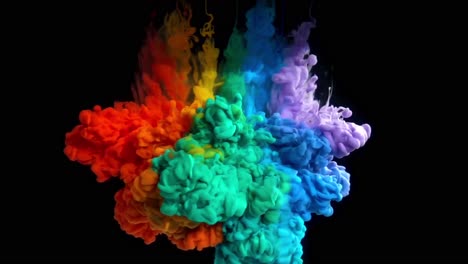 Red,-orange,-yellow,-green,-blue,-dark-blue-and-purple-colors-coming-down-from-up-the-footage-in-a-rainbow-formation-making-a-beautiful-water-and-smoky-splash-on-the-clack-background-in-4K,-Pride