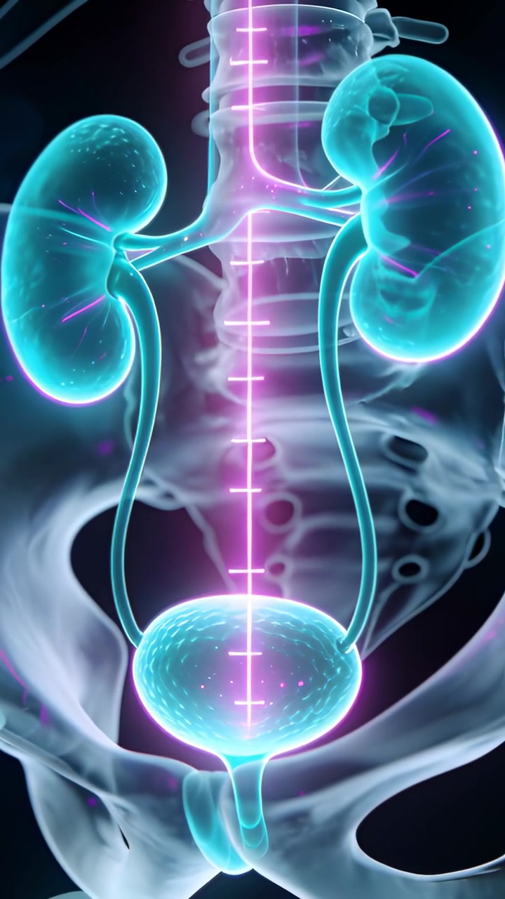 Vertical video: Magenta marker glowing, right kidney moving urine via ureter to bladder in diagram