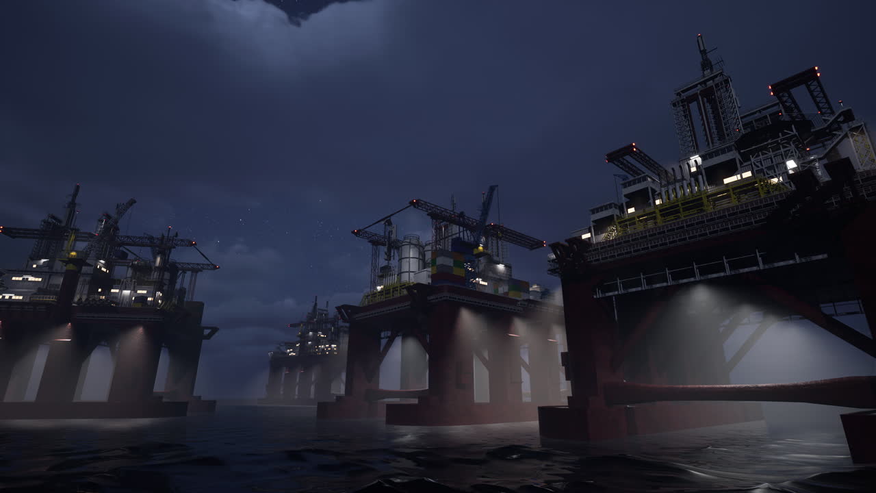 Exploration vehicle on alien planet parked near solar power collectors at night