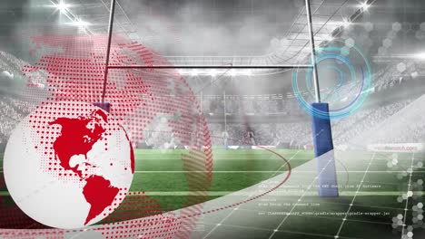 Animation-Von-Globus,-Scanner-Und-Kommunikationsnetzwerk-über-Dem-Spielfeld-Des-Rugbystadions