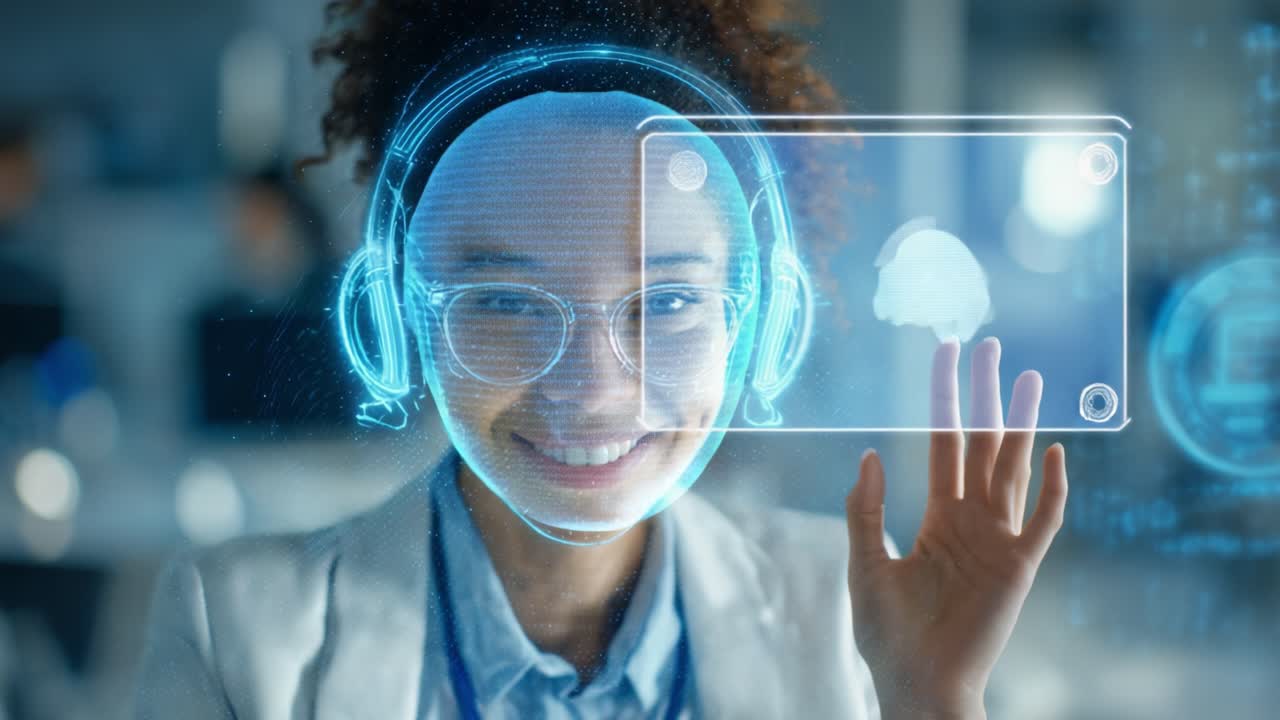 En glad og engagerende professionel bruger augmented reality-teknologi til at forbedre kommunikationen via en futuristisk virtuel brugerflade med farverig grafik og interaktive elementer