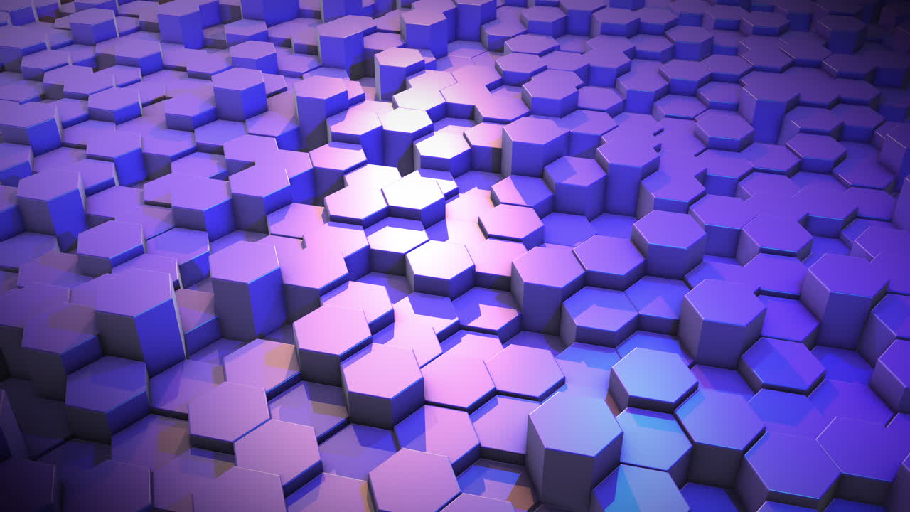 Terrain of 3D moving hexagons. Purple embossed surface with light reflection. Abstract animated background.
