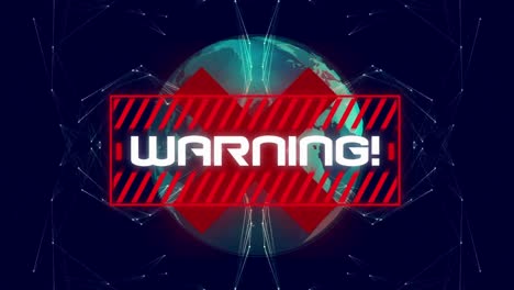 animation of the word warning! written over red cross and globe spinning on blue background.